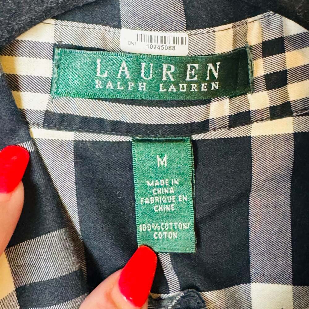 RALPH LAUREN Black and White Plaid Cotton Ruffle Front Button-Up Blouse Size M - Picture 2 of 8